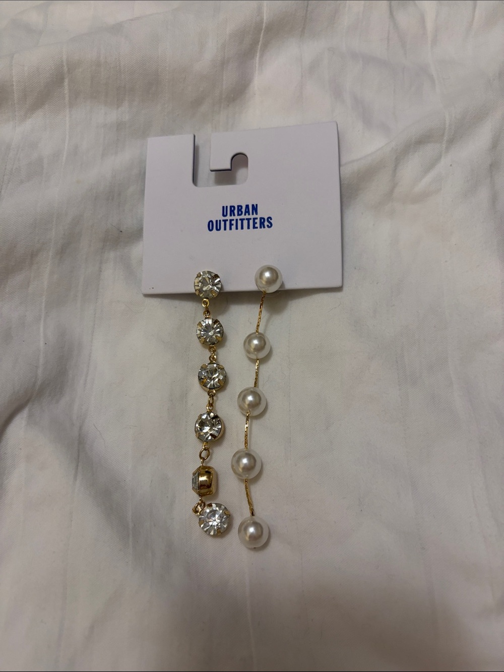Urban Outfitters Gold Crystal & Pearl Asymmetrical Linear Drop Earrings